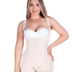MariaE Fajas Bum Lift Tummy Control Mid Thigh Shapewear Bodysuit Open Bust With Front Hooks Powernet
